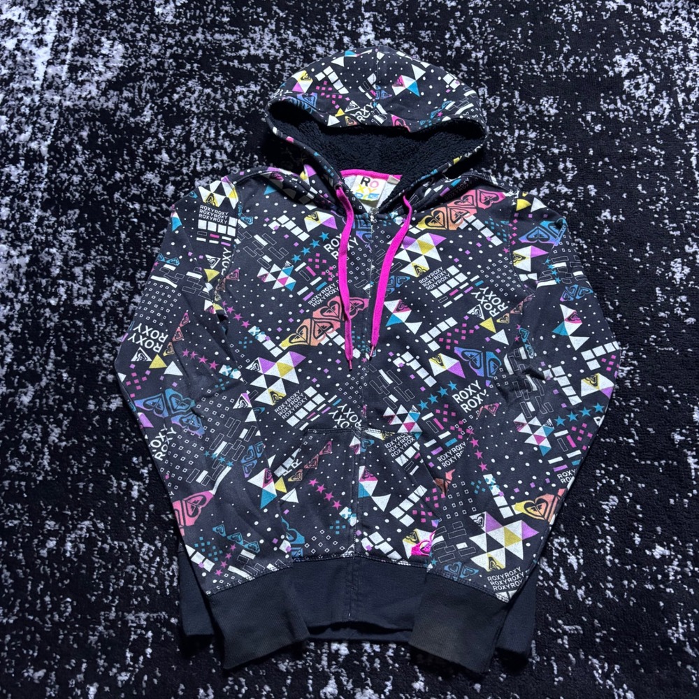 Roxy Womens Y2K Surf AOP Full Zip Hoodie Black Neon Sherpa Lined Hood Medium